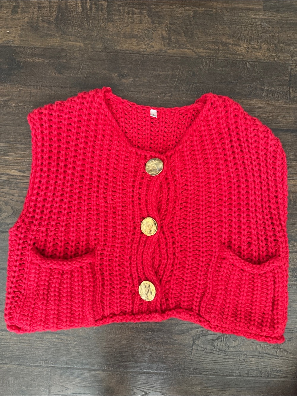 Red Chunky Knit Women's Vest with Gold Buttons